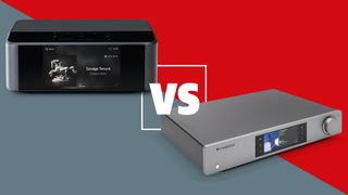 Bluesound Node Icon vs Cambridge Audio CXN100 against grey and red background
