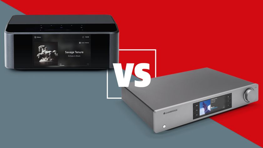 Bluesound Node Icon vs Cambridge Audio CXN100 against grey and red background