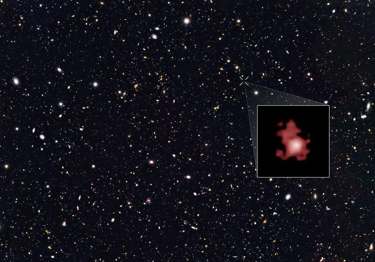 The galaxy GN-z11, which scientists think could be the farthest and oldest galaxy every observed, superimposed on an image from the COODS-North survey.