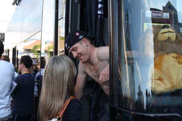 Tyler Farrar is happy to see a familiar face at the end of the race