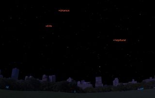 The planet Uranus will be at opposition on Oct. 11, 2015. This Starry Night Software sky map shows the location of Uranus, as well as Neptune, at midnight on Sunday, Oct. 11, 2015 as seen in the southern sky from mid-northern latitudes.