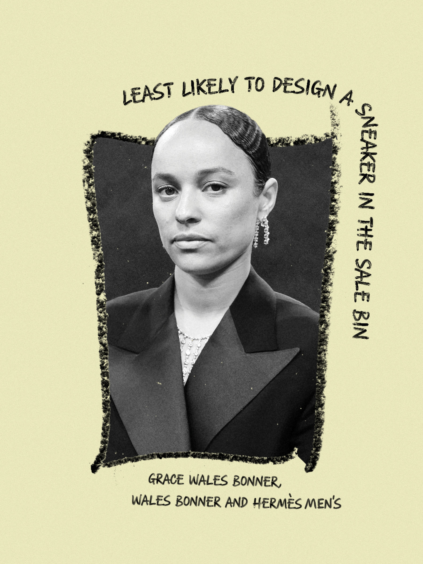 Grace Wales Bonner attends the 2025 Met Gala. On the slide, it says, "Least Likely to Design a Sneaker in the Sale Bin."