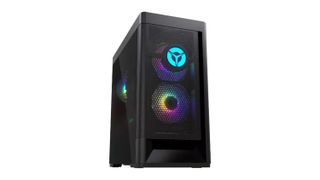 Lenovo Legion Tower 5i at an angle with its RGB lighting on against a white background