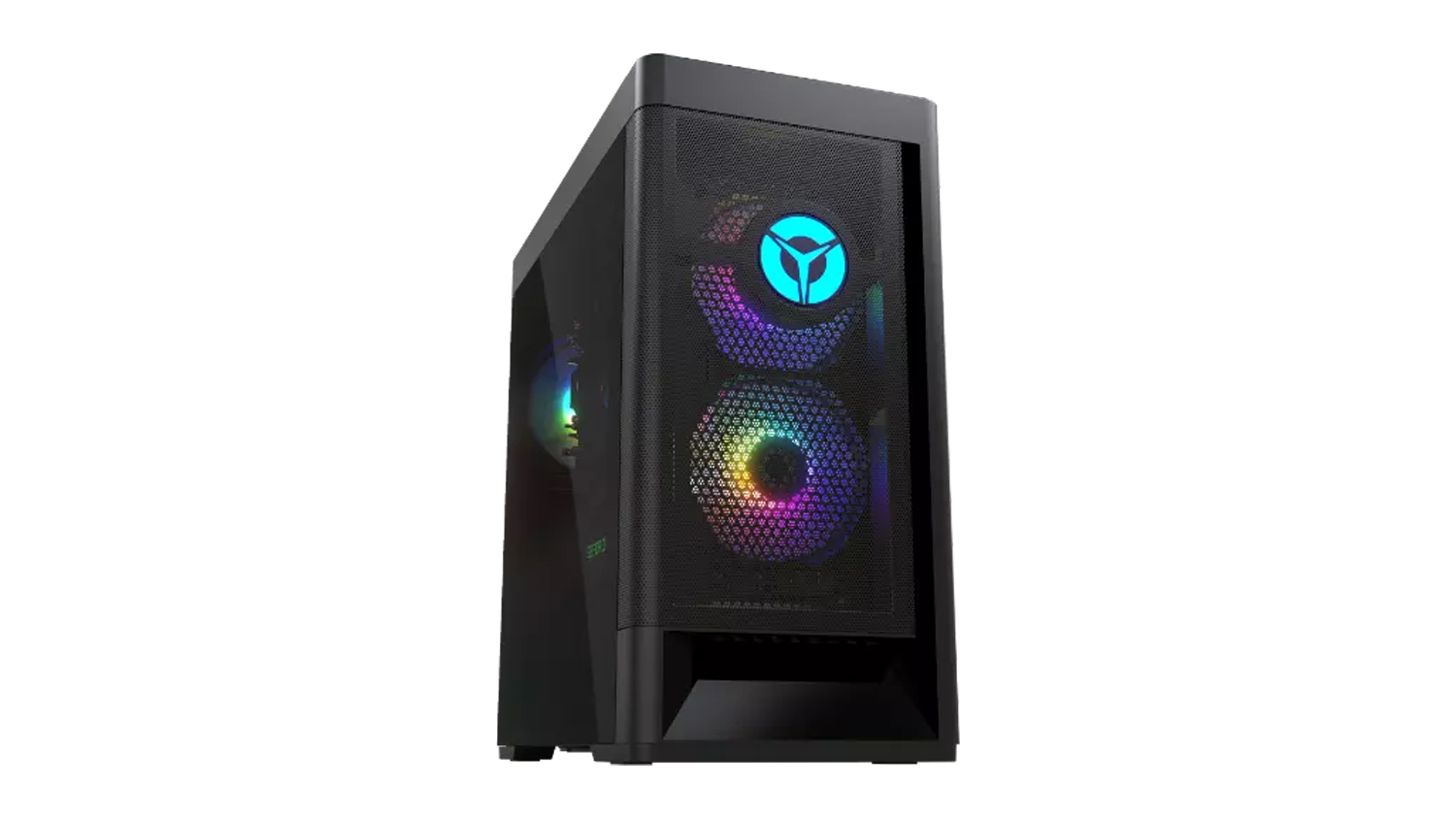Lenovo Legion Tower 5i at an angle with its RGB lighting on against a white background