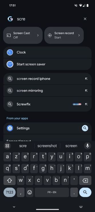 Pixel Launcher search results showing quick settings tiles first