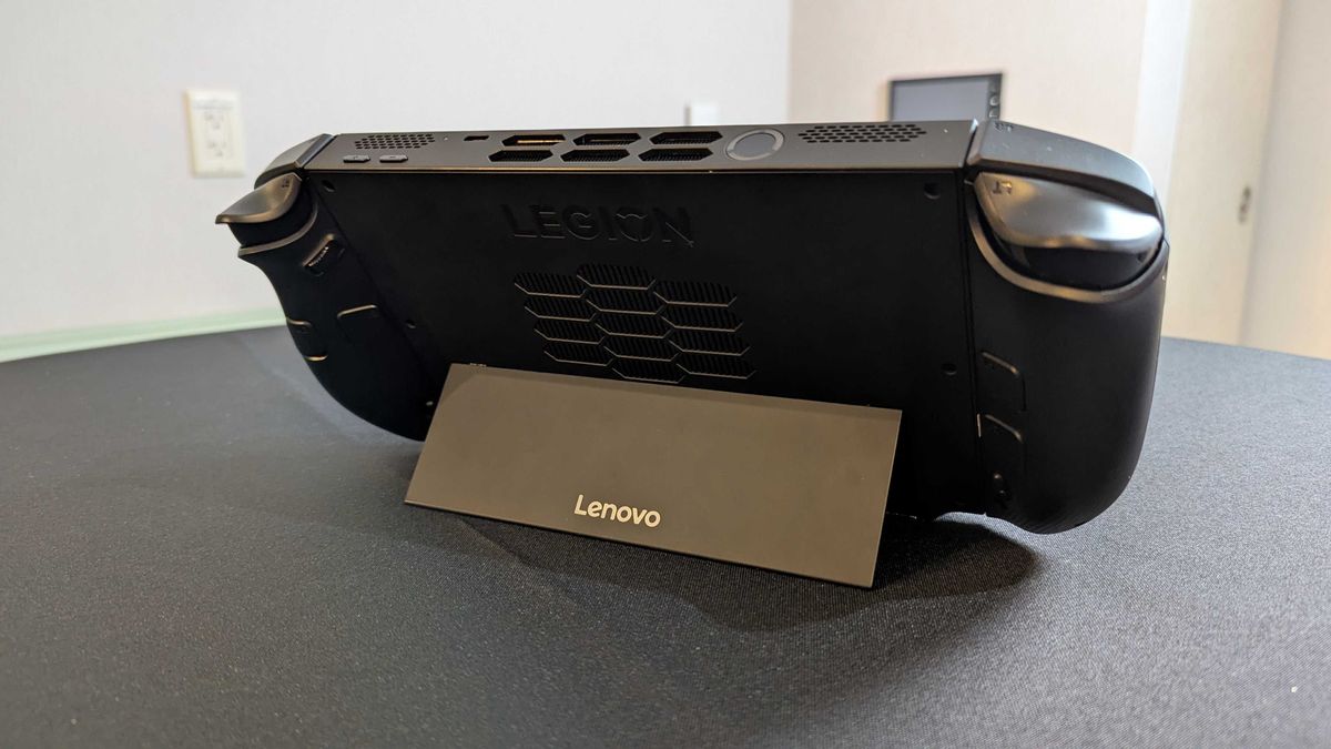A Lenovo Legion Go (Gen 2) prototype on a desk showing the kickstand.