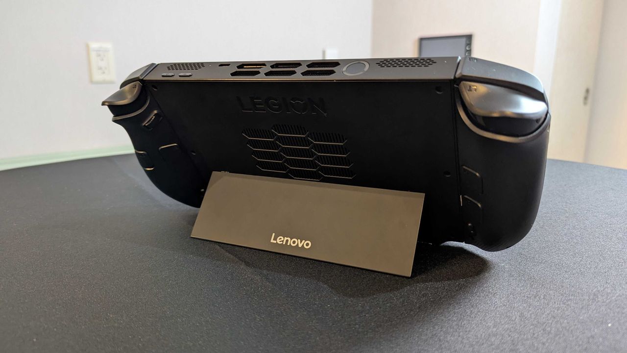 A Lenovo Legion Go (Gen 2) prototype on a desk showing the kickstand.