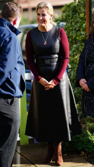 Duchess Sophie stands outside during a visit to Brainwave in Bridgwater