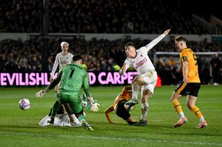 Rasmus Hojlund scores for Manchester United in added time against Newport County in the FA Cup in January 2024.