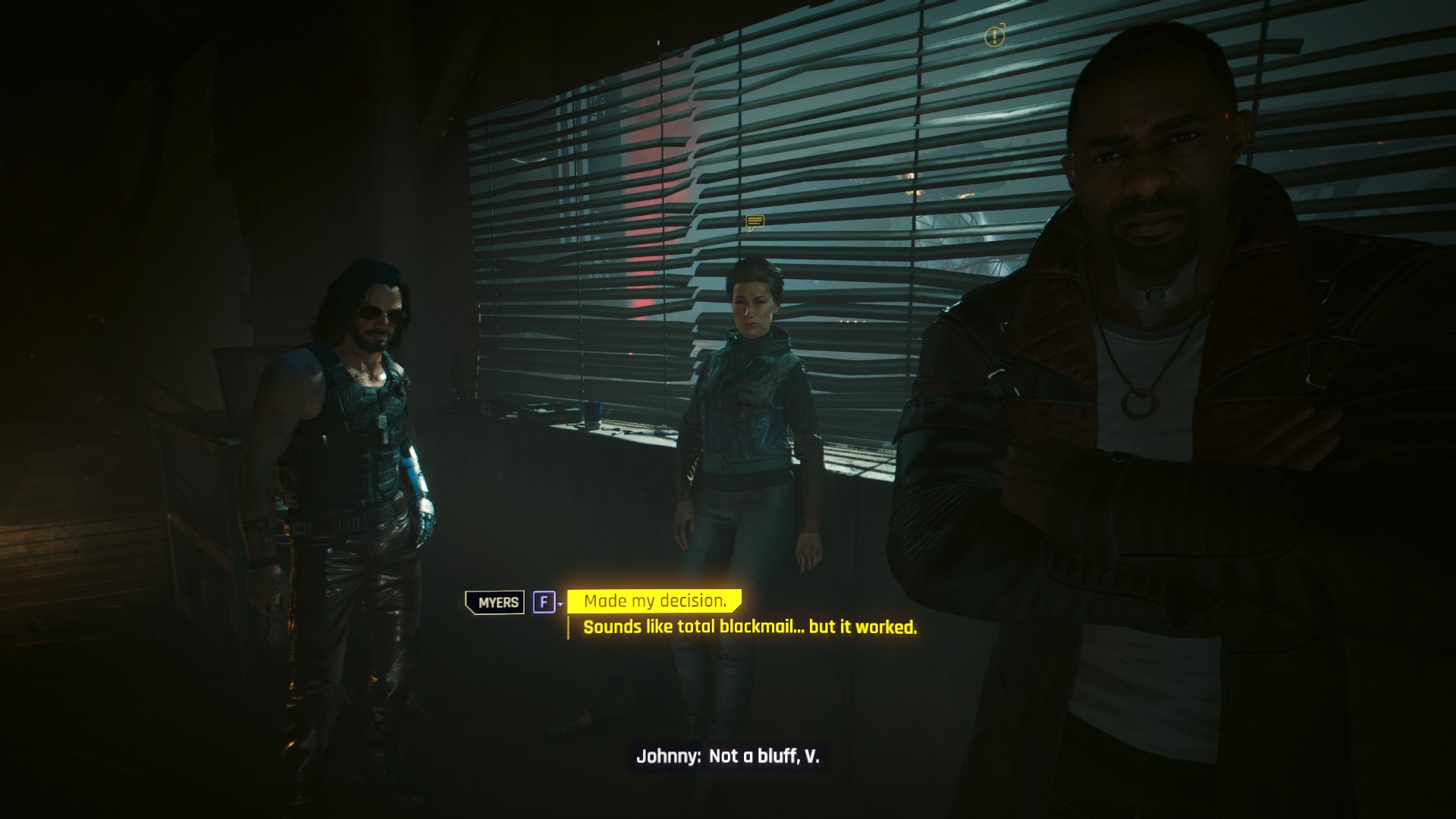 An image of three characters in a shaded room from Cyberpunk 2077, staring intently at the player, who is asked to make a difficult choice.