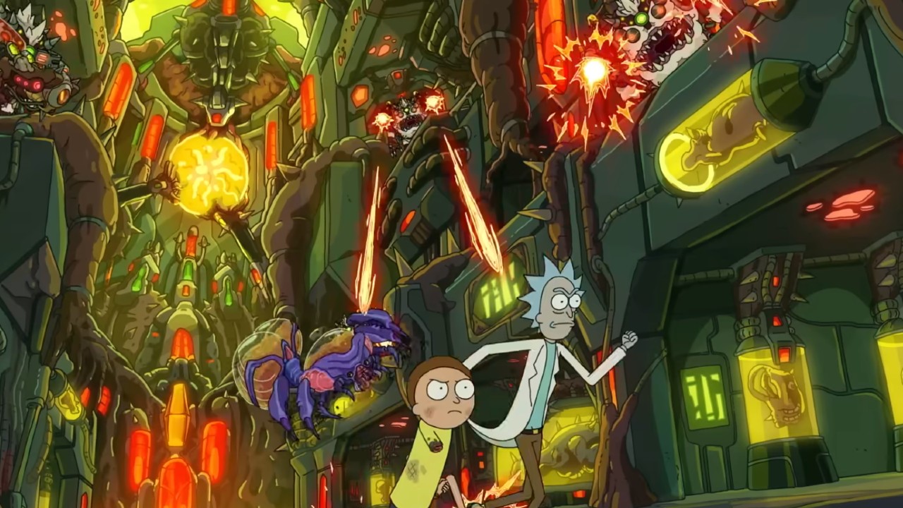 Morty and Rick running from an alien attack
