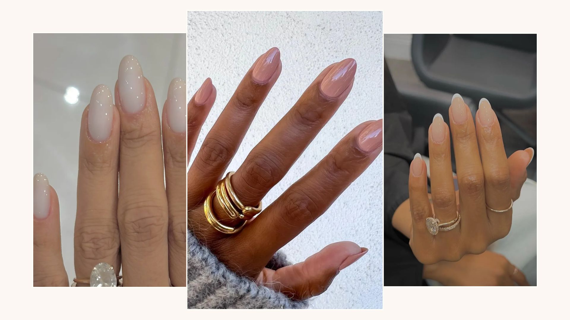 A collage of almond-shaped nail designs