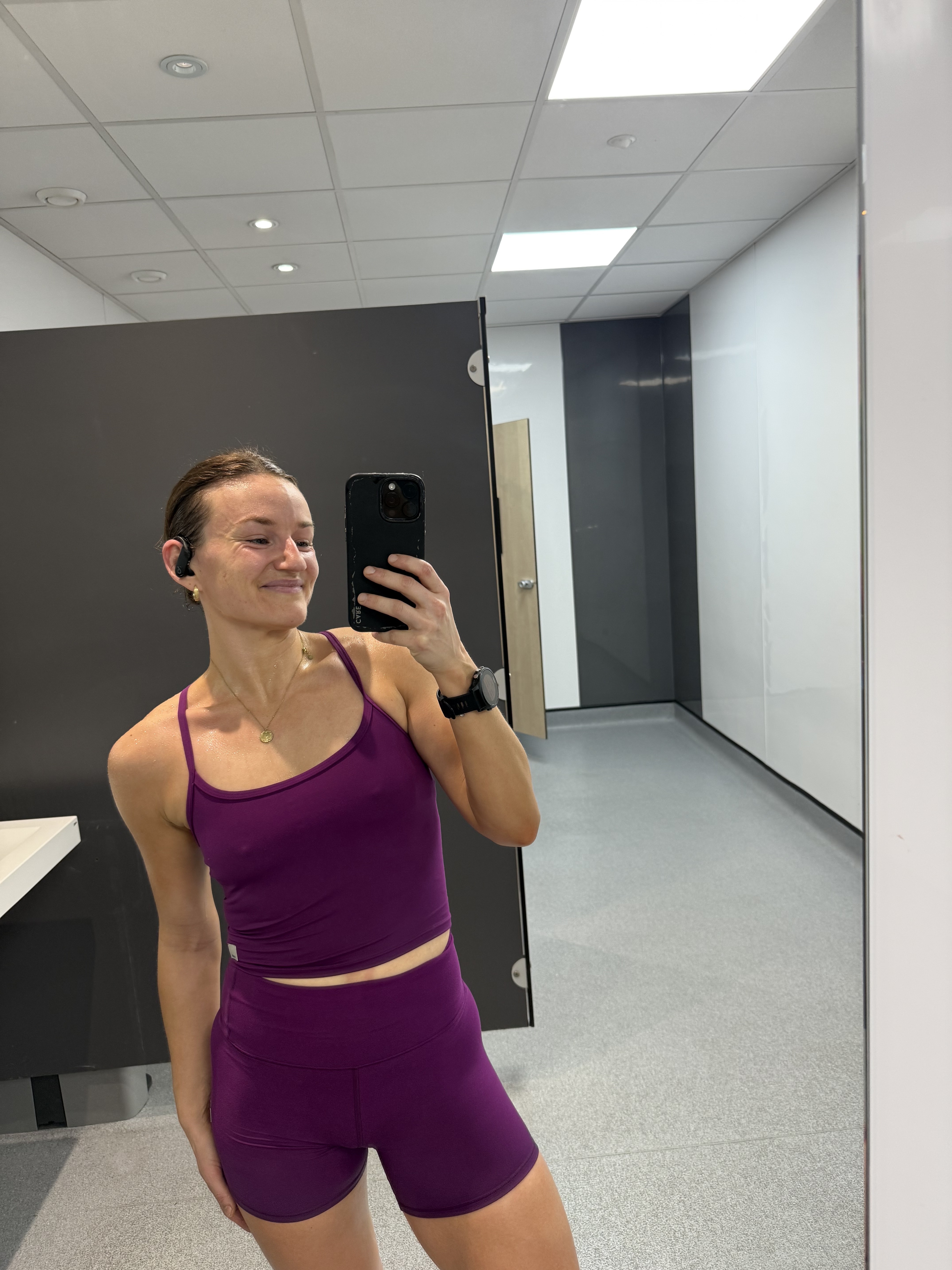 Senior Health Editor Ally Head sweat testing the Vuori two piece workout set Vuori AllTheForm&amp;trade; set