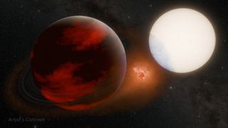 illustration showing a tiny, fiery moon circling a hot gaseous planet, with a bright yellow-white star in the background