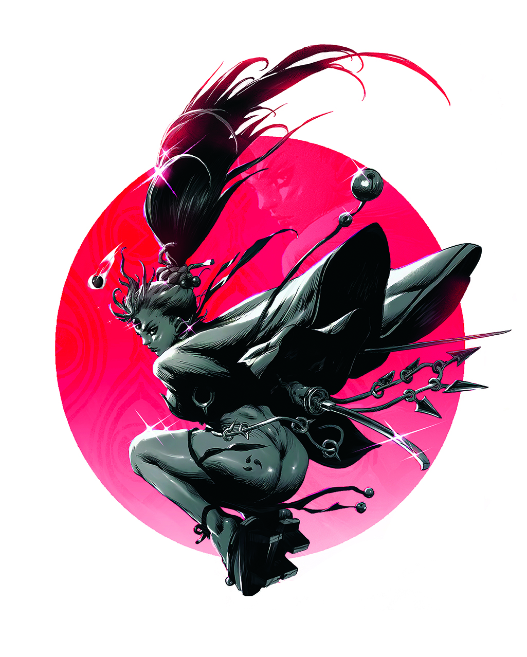 fantasy character art showing a female character in red and black colour palette
