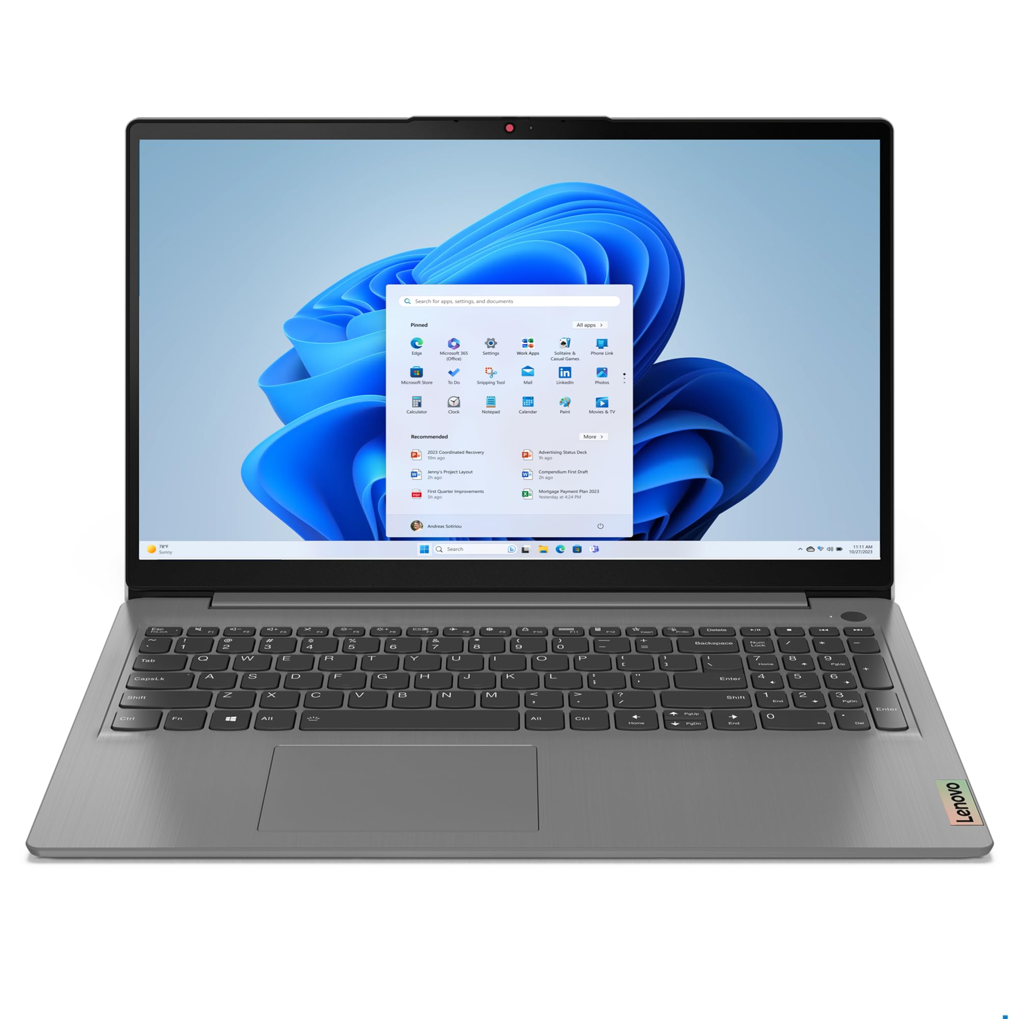 A Lenovo IdeaPad 3 opened up, facing straight