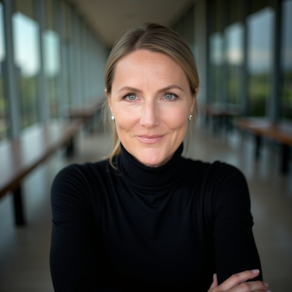 Head and shoulders of woman with hair tied back, wearing a black turtleneck sweater