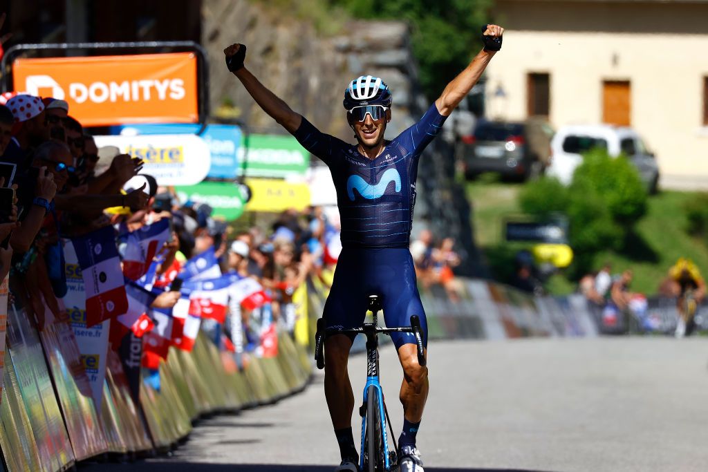 VAUJANY FRANCE JUNE 11 Carlos Verona Quintanilla of Spain and Movistar Team celebrates at finish line as stage winner during the 74th Criterium du Dauphine 2022 Stage 7 a 1348km stage from SaintChaffrey to Vaujany 1230m WorldTour Dauphin on June 11 2022 in Vaujany France Photo by Luca Bettini PoolGetty Images