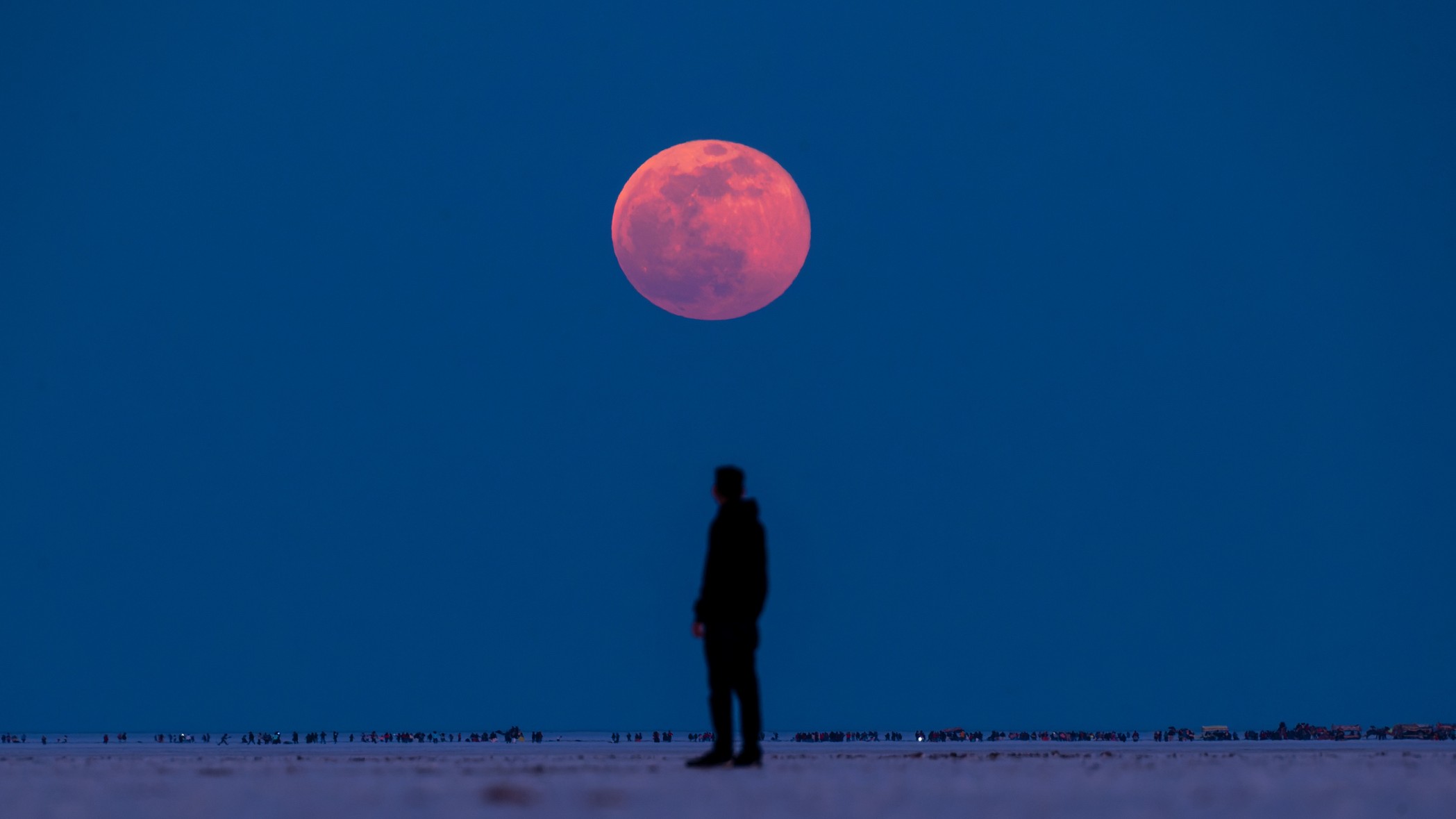 a person stands below a blood moon during total lunar eclipse