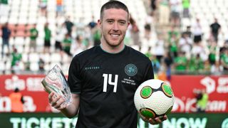 Jack Moylan of Republic of Ireland with the Player of the match award and the match ball, after scoring a hat-trick, after the international friendly match between Republic of Ireland and Grenada 