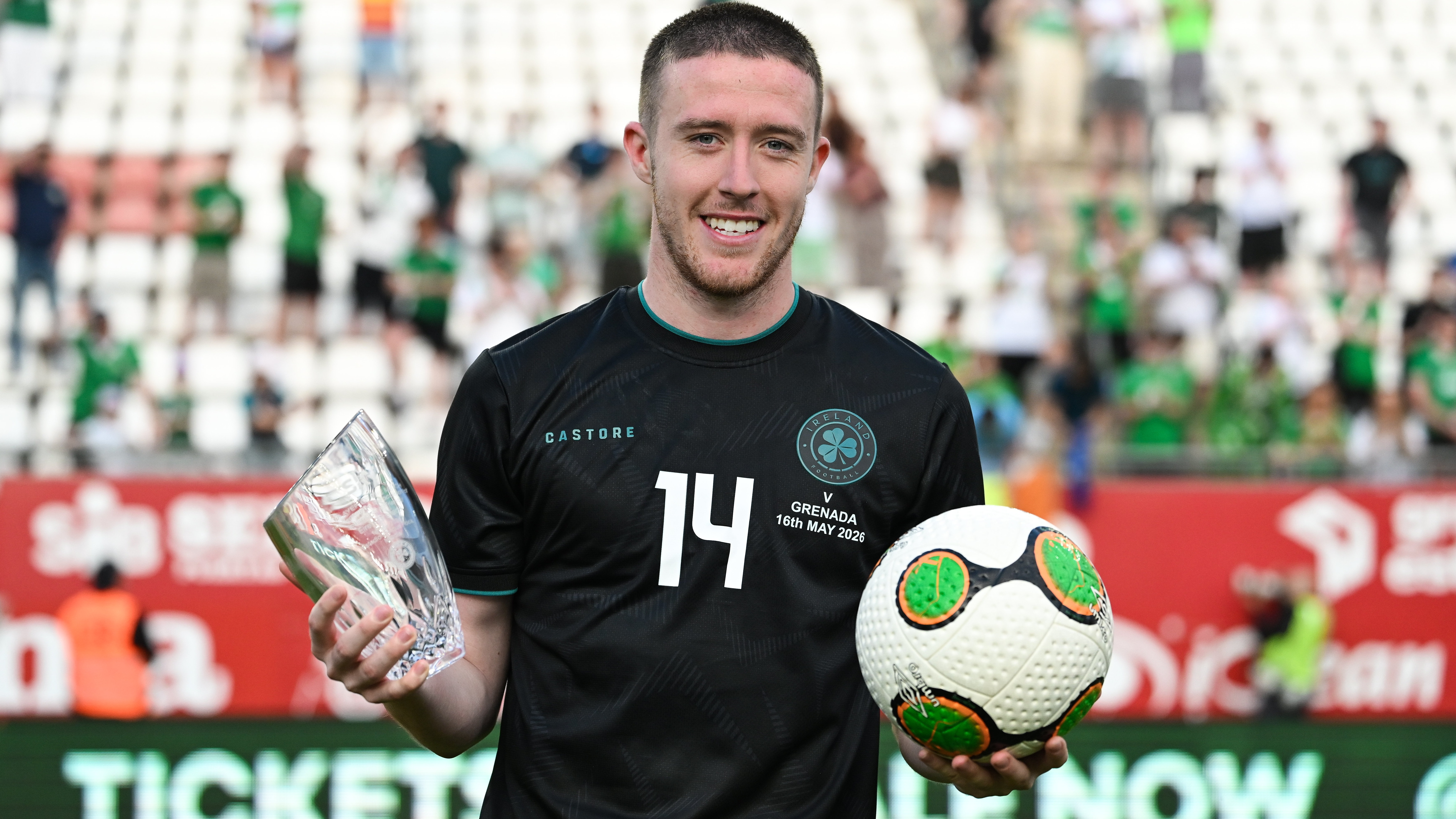 Jack Moylan of Republic of Ireland with the Player of the match award and the match ball, after scoring a hat-trick, after the international friendly match between Republic of Ireland and Grenada 