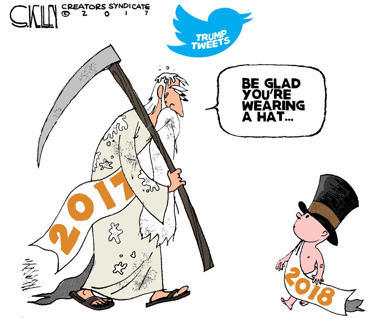 Political cartoon U.S. 2017 New Year 2018 Trump tweets