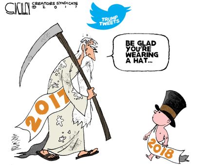 Political cartoon U.S. 2017 New Year 2018 Trump tweets