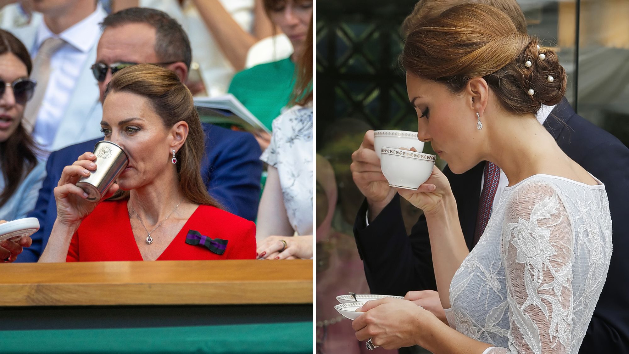 A composite of two pictures of the Princess of Wales looking down as she drinks