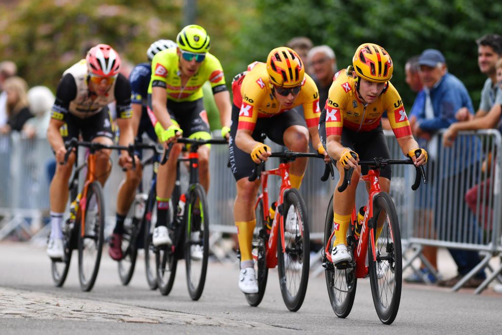 BERINGEN BELGIUM JUNE 19 Martin Bugge Urianstad of Norway and Uno X Pro Cycling Team competes in the breakaway during the 91st Baloise Belgium Tour 2022 Stage 5 a 1799km stage from Gingelom to Beringen BaloiseBelgiumTour on June 19 2022 in Beringen Belgium Photo by Luc ClaessenGetty Images