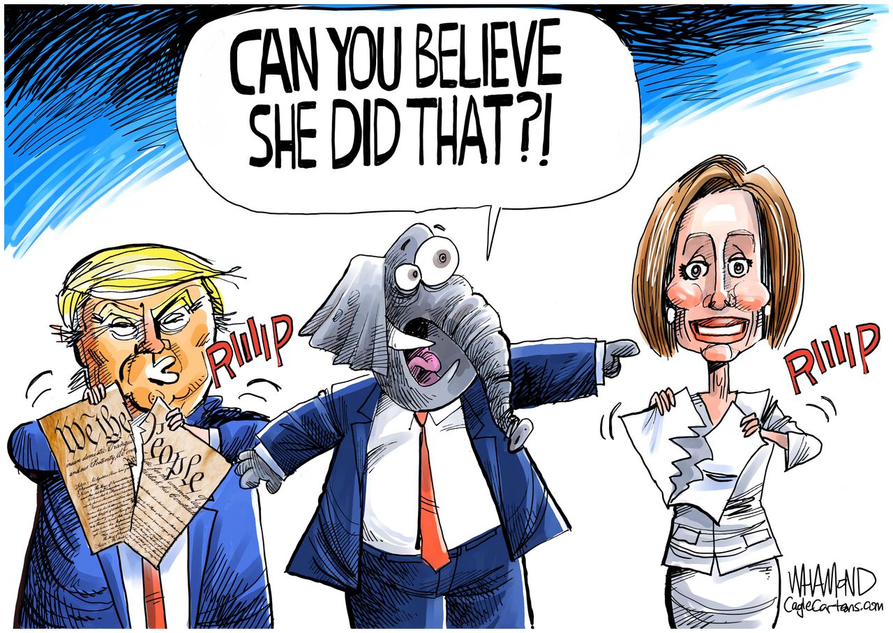 Political Cartoons U.S. GOP Pelosi speech tear Trump constitution