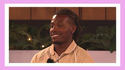 Love Island's Shaq Muhammad pictured smiling, wearing a cream top while standing around the fire pit in episode 17 of Love Island 2023/ in a purple template