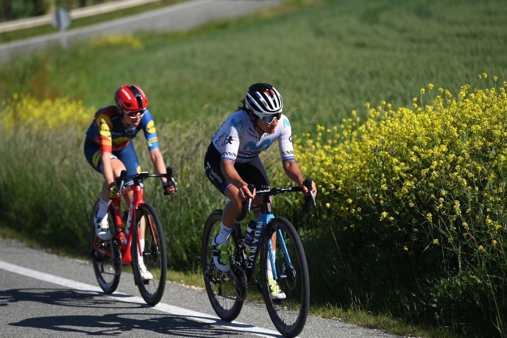 PAMPLONA SPAIN MAY 08 LR Brodie Chapman of Australia and Team Lidl Trek and Arlenis Sierra of Cuba and Movistar Team compete in the chase group during the 4th Navarra Womens Elite Classics 2024 a 1356km one day race from Pamplona to Pamplona on May 08 2024 in Pamplona Spain Photo by Alex BroadwayGetty Images