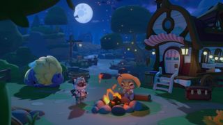 A cat and a frog sat around a campfire in Cozy Caravan
