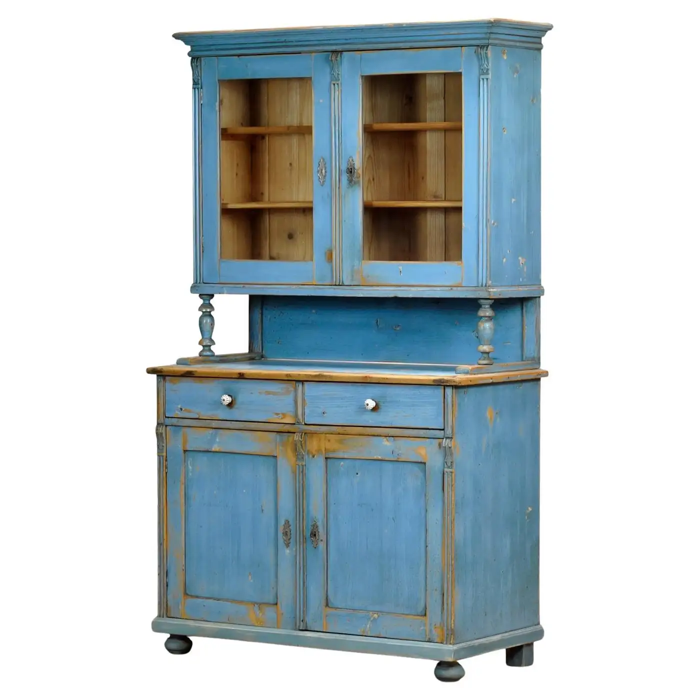 Pine kitchen dresser painted in a vintage blue with display top cabinets.