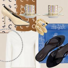 Mother's Day Gift Guide Product Collage including heels, flat sandals, ear cuff, necklace, espresso cups and scarf