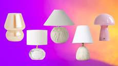 a collage of small table lamps on a colorful background