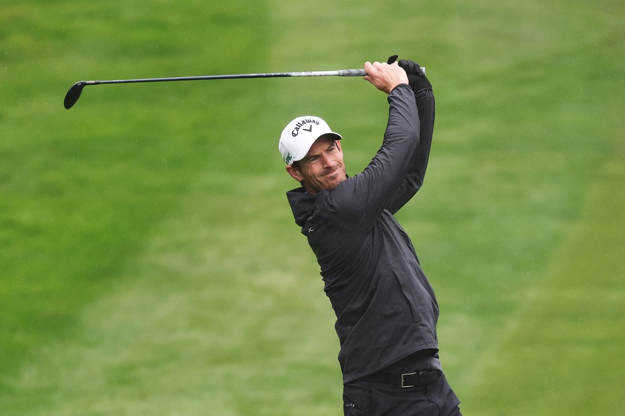 Andy Murray plays a shot during the Pro-Am ahead of the BMW PGA Championship 2025 at Wentworth Golf Club