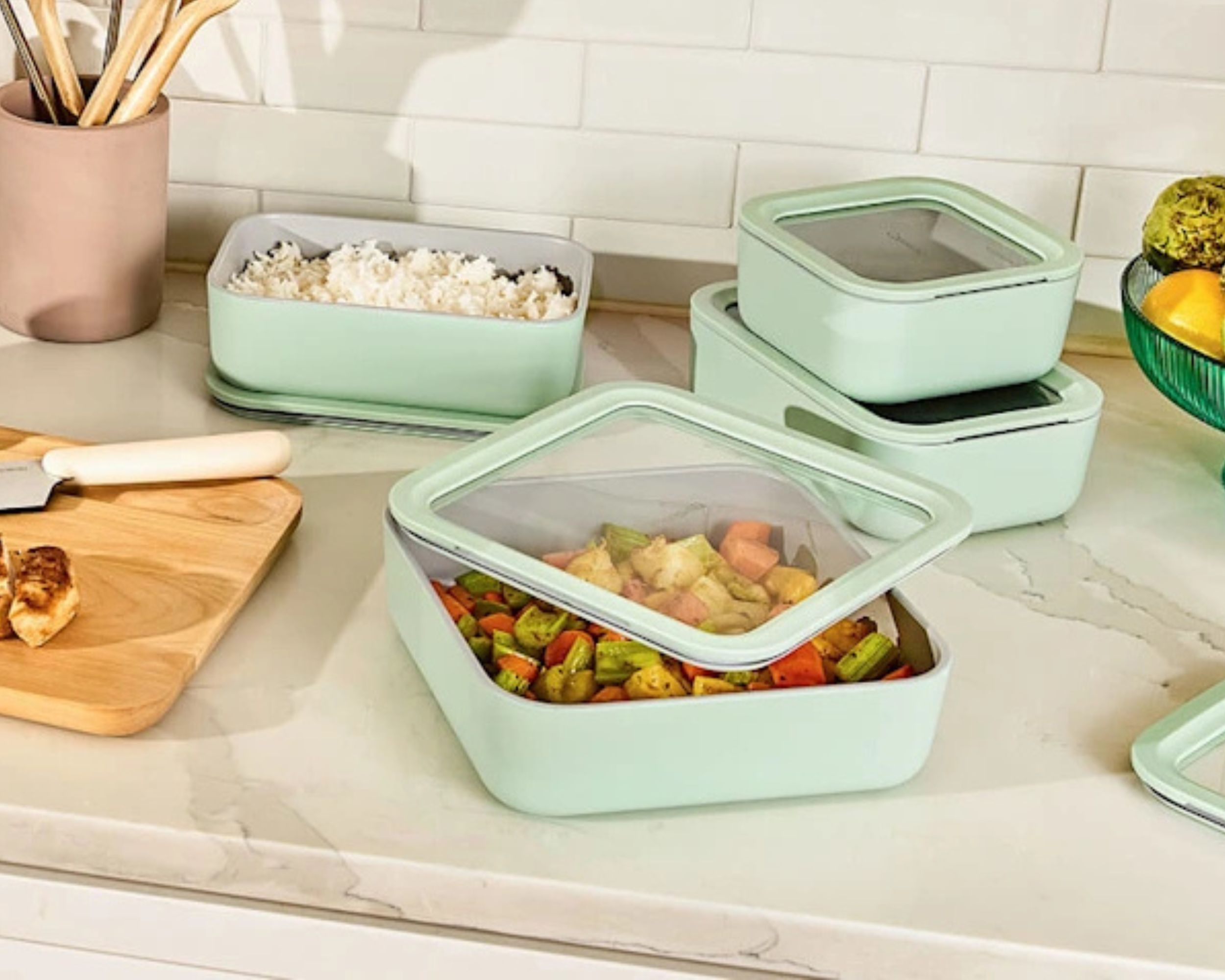 Caraway non toxic food storage set on a kitchen counter
