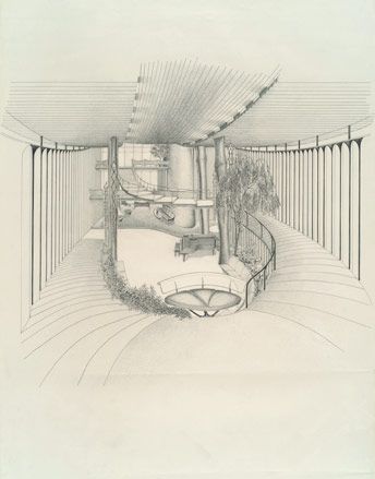 Interior perspective of the ’Ignacio Perez House’ by Bruce Goff, 1953