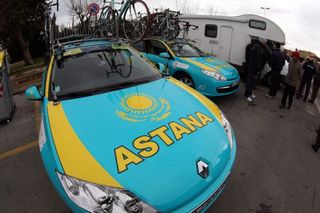 Astana's automobiles assembled at the start in Livorno. The Kazakh squad was one of those affected by snow delays prior to the race.