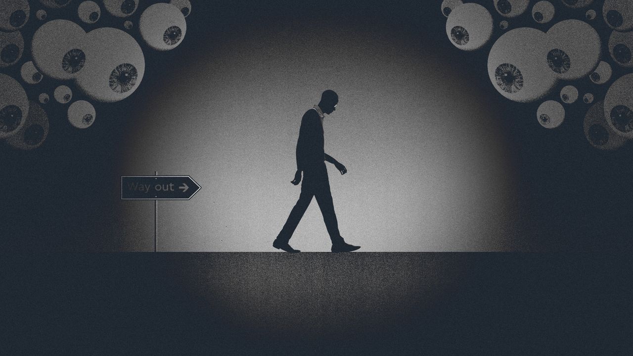 Illustration of an illegal immigrant walking away, watched by dozens of eyes