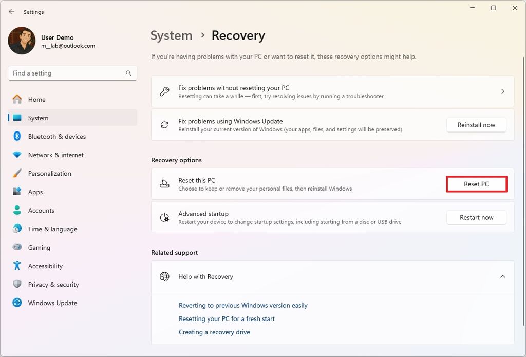 Windows 11 Reset this PC option