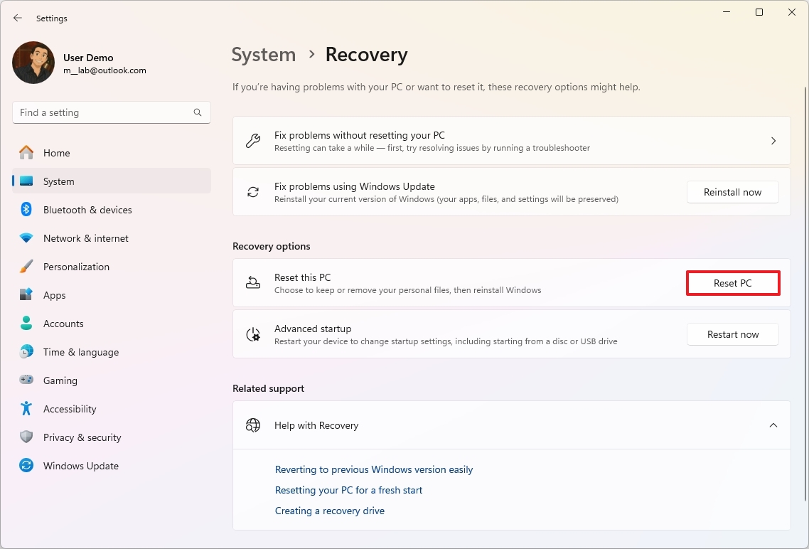 Windows 11 Reset this PC option