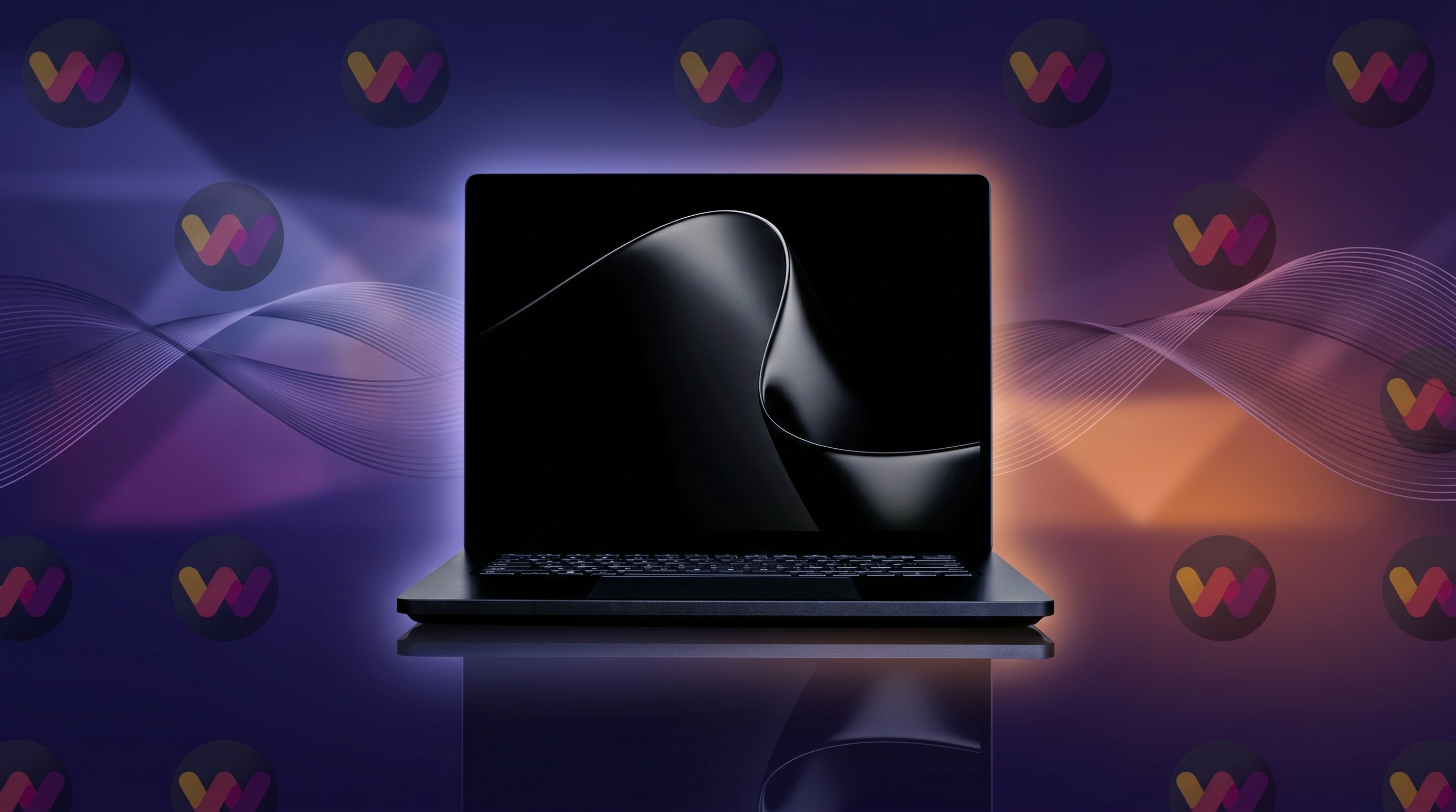 Surface Laptop Ultra with a dark, elegant design sits against a vibrant background of swirling purple and orange waves, creating a futuristic and stylish atmosphere.