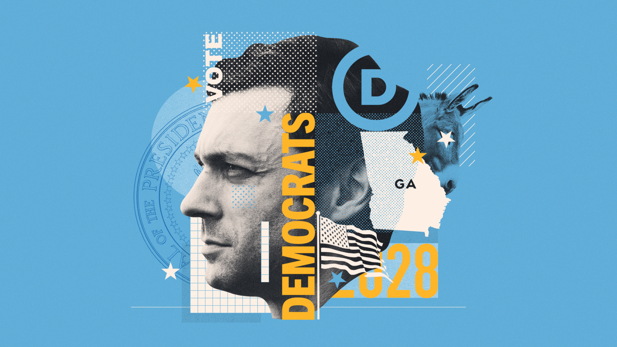 Photo composite illustration of Jon Ossoff, a Democrat donkey, the US Presidential seal