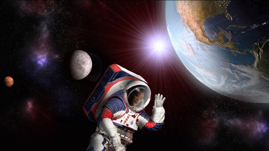 An artist&#039;s depiction of a NASA astronaut floating in space while wearing a new Artemis spacesuit.