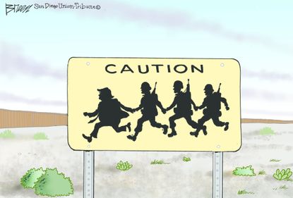 Political cartoon U.S. Trump military soldiers Mexico border wall