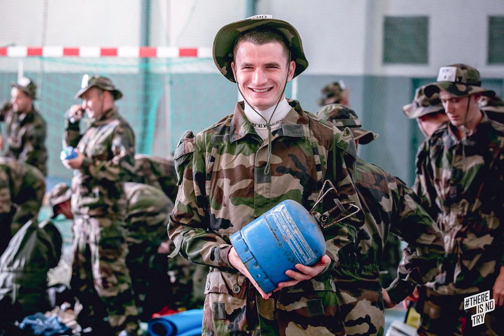 Adrien Garel prepares for a drill with France's 3rd Marine Infantry Regiment at the Vital Concept camp
