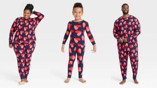 composite of man woman and child wearing matching heart print pajamas from target
