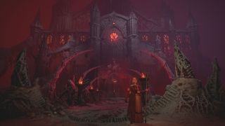 Diablo 4 Nightmare Sigils - a sorcerer is standing in front of a ominious and red glowing castle